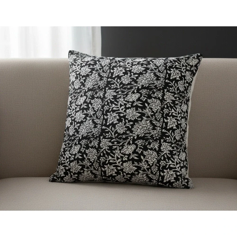 Utobanh Handmade Cotton Woven Floral Throw Pillow Cover Black White 17 x 17 in